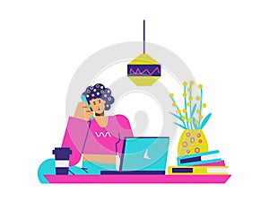 Woman at laptop working and talking on phone, flat vector illustration isolated