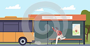 Woman is late for bus and runs after him. Girl running, public transport transportation station. Hurrying female