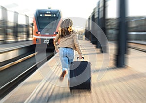 Woman late from train. Tourist running and chasing.