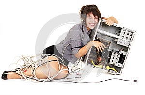 Woman laughing with computer