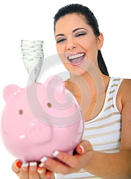 Woman Laughing Holding Money