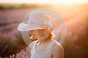 Woman in lavender flowers field at sunset in beige dress. The girl is wearing a beautiful hat.