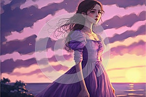 Woman in lavender gown and flowing tresses stands before a sunset backdrop. Illustration painting