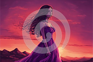 Woman in lavender gown and flowing tresses stands before a sunset backdrop. Illustration painting