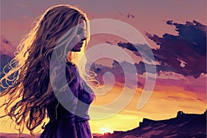 Woman in lavender gown and flowing tresses stands before a sunset backdrop. Illustration painting