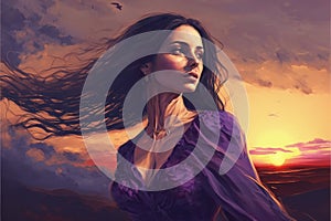 Woman in lavender gown and flowing tresses stands before a sunset backdrop. Illustration painting