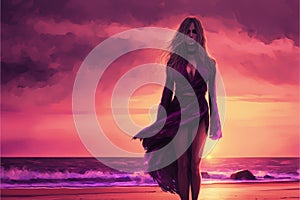 Woman in lavender gown and flowing tresses stands before a sunset backdrop. Illustration painting