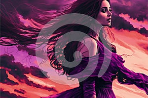 Woman in lavender gown and flowing tresses stands before a sunset backdrop. Illustration painting