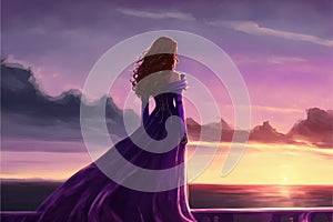 Woman in lavender gown and flowing tresses stands before a sunset backdrop. Illustration painting