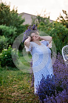 Woman with lavender wreath and whitre dress