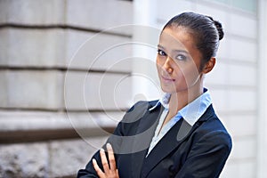 Woman, lawyer and arms crossed in portrait or city for legal justice, travel and pride with confidence. Outdoor