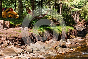 woman laying down in hammock in the forest tent on background