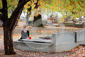 Woman Laying Flower on Grave in Cemetery in Fal