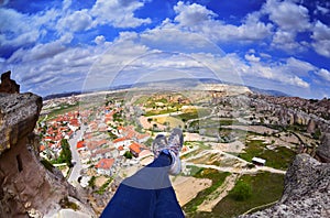 Woman laying after mountain hiking