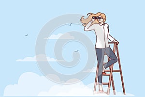 Woman leader stands on top of stepladder among clouds and looks into distance through binoculars