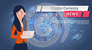 Woman Leading Crypto Currency News Report Golden Bitcoin Over World Map Digital Web Money Concept