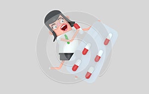 Woman leaning on a pill blÃ­ster. 3d illustration. Isolate.