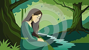 A woman leans against a mosscovered tree quietly reflecting by a bubbling stream.. Vector illustration. photo