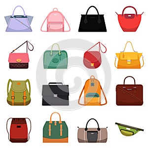 Woman leather casual bags handbag satchel reticule and colorful bag isolated vector illustration