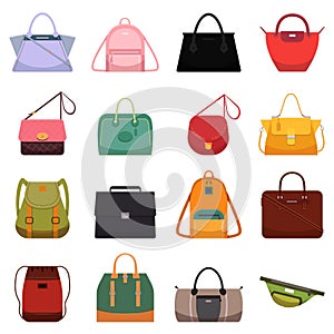 Woman leather casual bags handbag satchel reticule and colorful bag isolated vector illustration photo