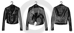 Woman leather jacket design concept on hanger holding in hand front view isolated on white background