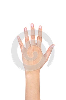 Woman left hand showing the five fingers.