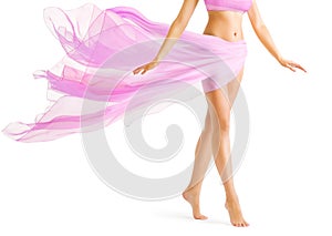 Woman Legs Body Beauty, Barefoot Model Tip Toe in Pink Waving Fabric