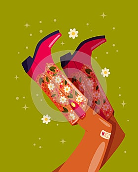 Woman legs with cowboy boots decorated with flowers. Cowgirl with cowboy boots. American western theme. Colorful vibrant vector