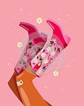 Woman legs with cowboy boots decorated with flowers. Cowgirl with cowboy boots. American western theme. Colorful vibrant vector