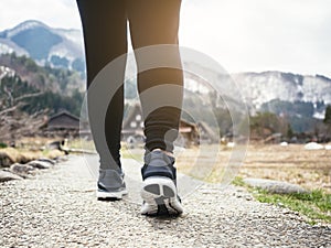 Woman legs Hiking Trail Mountain landscape Outdoor Lifestyle