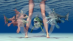 Woman legs and monstrous fish photo