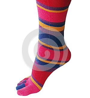 Woman legs in strip sock on white background