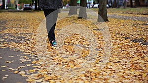 Woman legs walking on fallen leaves in autumn park HD