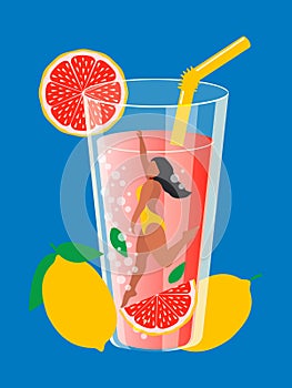Modern design of lemonade and a girl floating in a pool with a vertical blue background. Summer