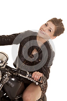 Woman leopard dress motorcycle sit lean