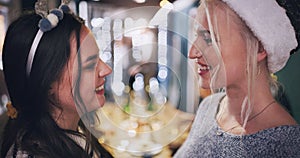 Woman, lesbian and smile at Christmas party for festive celebration or funny joke, connection or gathering. Female