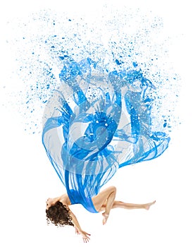 Woman Levitate In Art Dress, Fashion Model Levitation, Blue