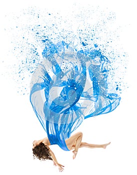 Woman Levitate In Art Dress, Fashion Model Levitation, Blue photo