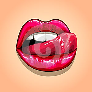 Woman licking red lips