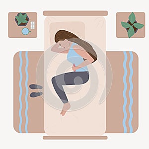 The woman lies with a stomach ache. Menstrual pain, pain in diseases of the abrasive cavity organs. Vector illustration