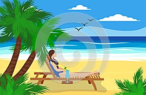 A woman lies on a sun lounger on a sandy beach near the ocean, drinks a cocktail and relaxes. Vacation at sea concept.