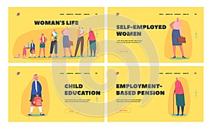 Woman Life, Child Education, Self-Employed Women, Employment Based Pension Landing Page Template Set, Female Characters photo