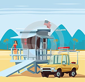 Woman lifeguard on duty with truck in Los Angeles beach