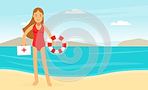 Woman Lifeguard or Rescuer Supervising Safety and Rescuing Swimmers and Surfers Vector Illustration