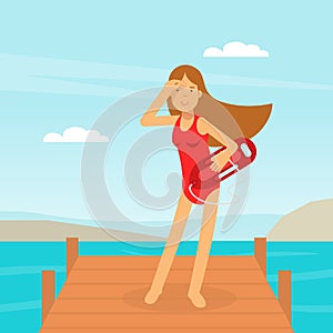 Woman Lifeguard or Rescuer Supervising Safety and Rescuing Swimmers and Surfers Vector Illustration