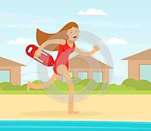 Woman Lifeguard or Rescuer Supervising Safety and Rescuing Swimmers and Surfers Vector Illustration