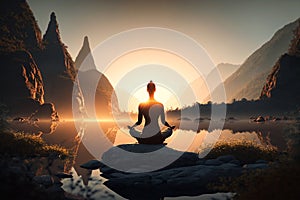 woman lifestyle balanced practicing meditate and zen energy yoga, sunrise, back view, generative Ai