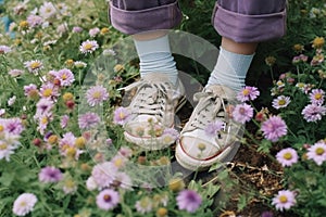 woman lifestyle flowers green female white sneakers shoe spring grass fashion. Generative AI.