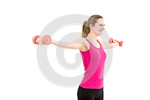 Woman lifting dumbbells with both arms