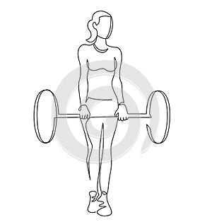 Woman lifting weights continuous one line drawing. Female bodybuilder vector hand drawn